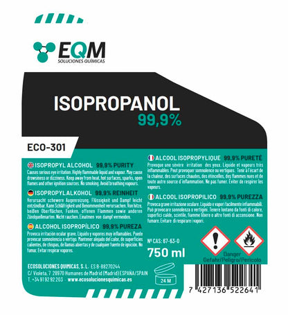 EQM - ECO-301 - Isopropanolo / Alcool Isopropilico 99,9% - 750 ML - Pulizia di Componenti Elettronici, Lenti, Schermi e Resine per Stampa 3D - Detergente per Vetri e Sgrassatore