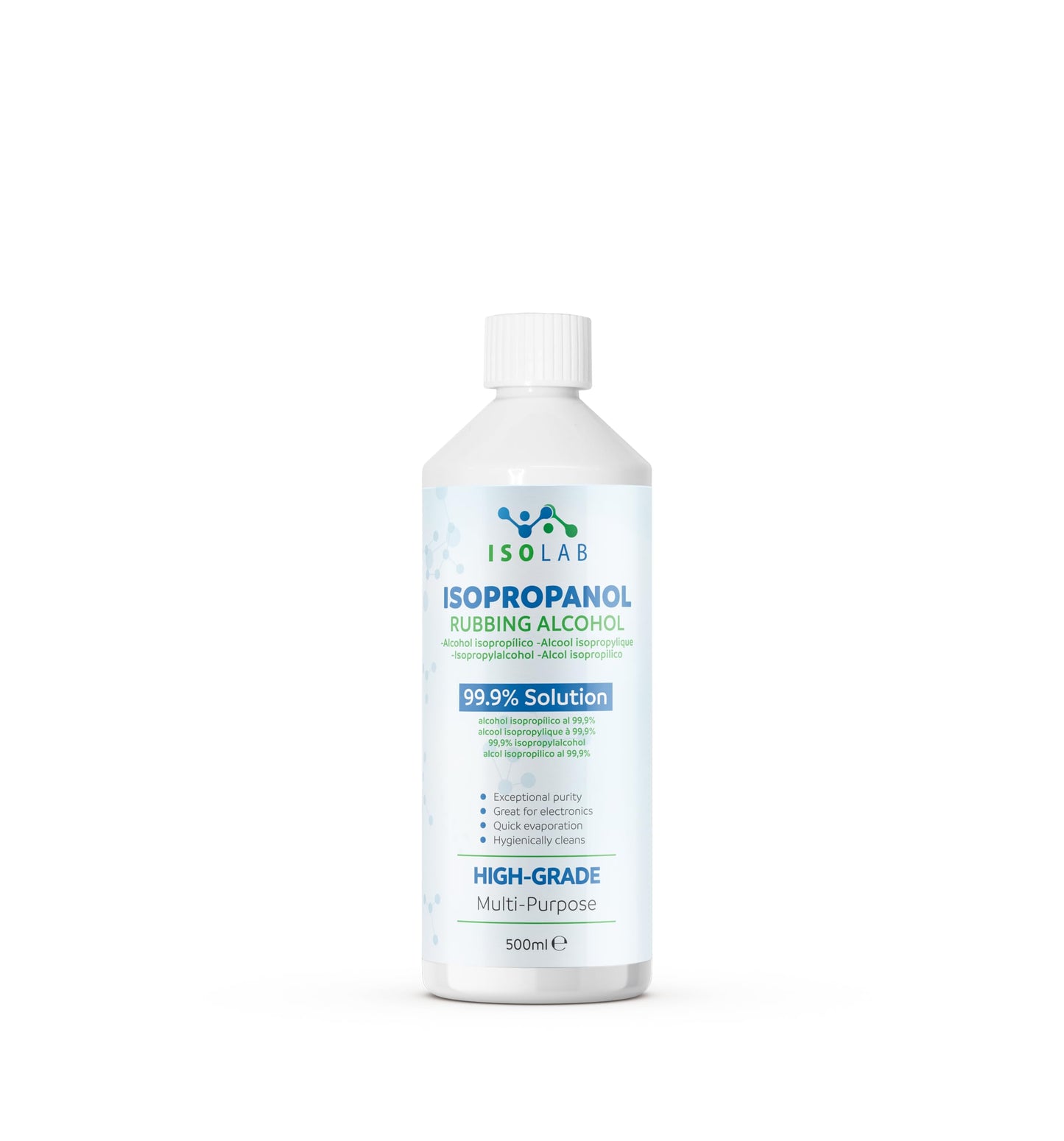 IsoLAB - Alcool Isopropilico 99,9% Puro - Detergente Multiuso, Sgrassatore e Solvente - 500ml