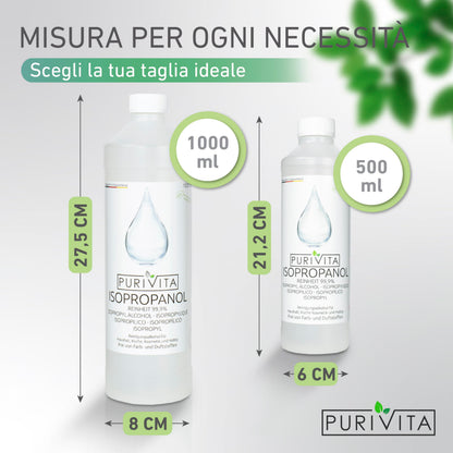 PURIVITA® Alcool Isoproilico 99,9% [500ML] - Alcol Isopropanolo - Isopropyl Alcohol Disinfettante - Alcool Denaturato Etilico - Isopropanol Detergente per Casa, l'industria & l'elettronica