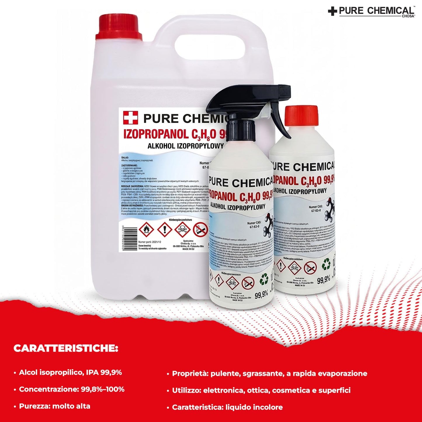 CHOSA Alcool Isopropilico 99,9% 5 litri - Isopropanolo per Elettronica - IPA Alcol Isopropílico Pulizia Schermo Monitor, Telefono, PC e TV - Isopropanol Sicuro per i Componenti Elettronici, 5l