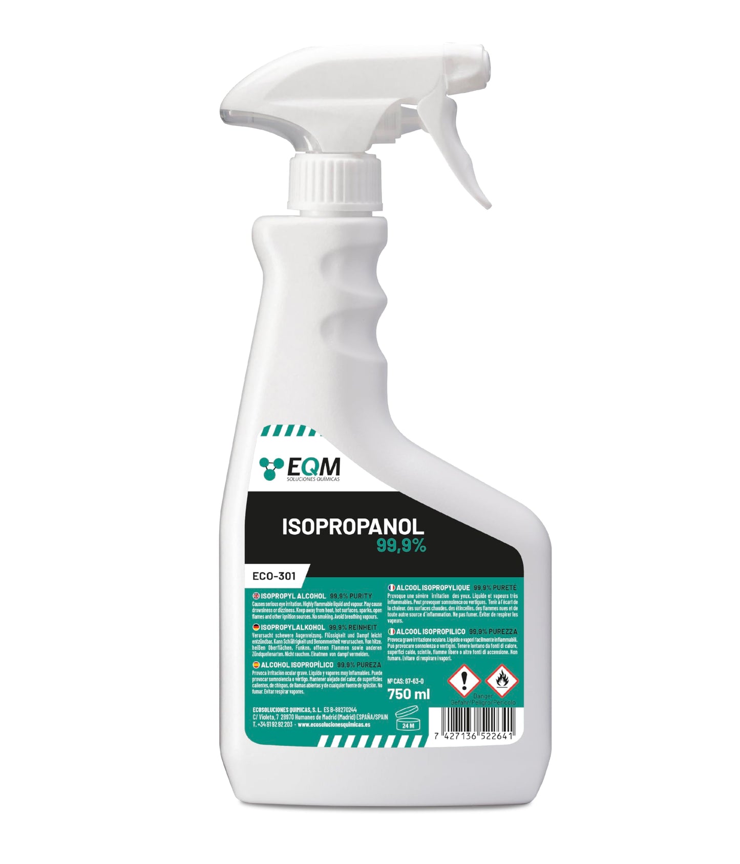 EQM - ECO-301 - Isopropanolo / Alcool Isopropilico 99,9% - 750 ML - Pulizia di Componenti Elettronici, Lenti, Schermi e Resine per Stampa 3D - Detergente per Vetri e Sgrassatore
