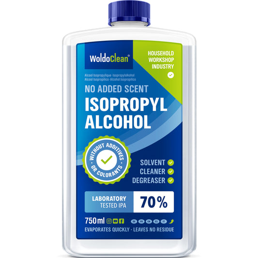 WoldoClean Alcool Isopropilico 70% Detergente IPA 750ml - Isopropanolo Solvente Sgrassante per Elettronica, Vetro, Ottica, Unghie e Meccanica, Evaporazione Rapida Senza Residui