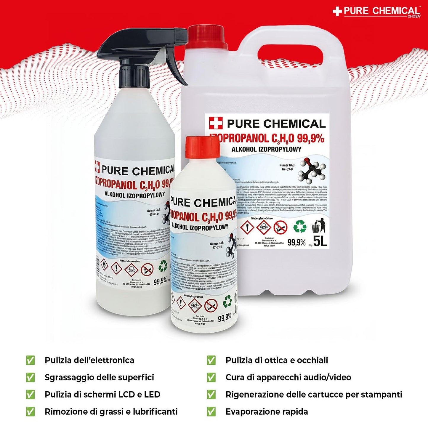 CHOSA Alcool Isopropilico 99,9% 5 litri - Isopropanolo per Elettronica - IPA Alcol Isopropílico Pulizia Schermo Monitor, Telefono, PC e TV - Isopropanol Sicuro per i Componenti Elettronici, 5l