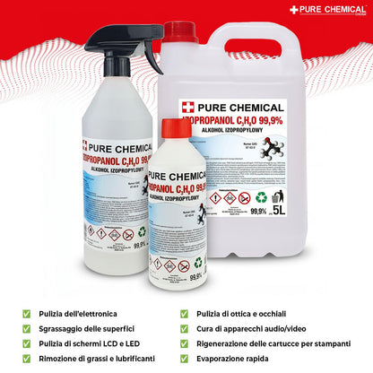 CHOSA Alcool Isopropilico 99,9% 5 litri - Isopropanolo per Elettronica - IPA Alcol Isopropílico Pulizia Schermo Monitor, Telefono, PC e TV - Isopropanol Sicuro per i Componenti Elettronici, 5l