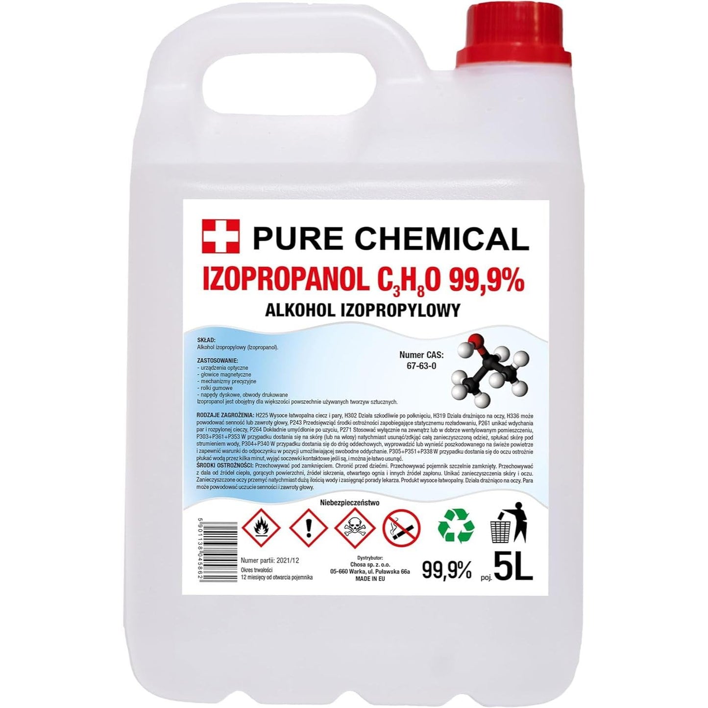 CHOSA Alcool Isopropilico 99,9% 5 litri - Isopropanolo per Elettronica - IPA Alcol Isopropílico Pulizia Schermo Monitor, Telefono, PC e TV - Isopropanol Sicuro per i Componenti Elettronici, 5l