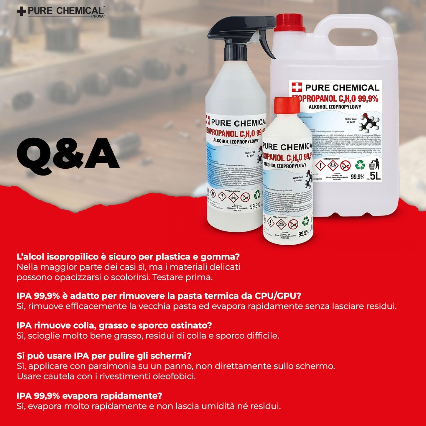 CHOSA Alcool Isopropilico 99,9% 5 litri - Isopropanolo per Elettronica - IPA Alcol Isopropílico Pulizia Schermo Monitor, Telefono, PC e TV - Isopropanol Sicuro per i Componenti Elettronici, 5l