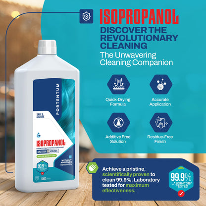 PORTENTUM Alcool isopropilico 1L | 99,9% Purezza | Isopropanolo per pulizia di componenti elettronici, lenti, schermi e delle resine stampa 3D | Detergente per vetri, sgrassatore