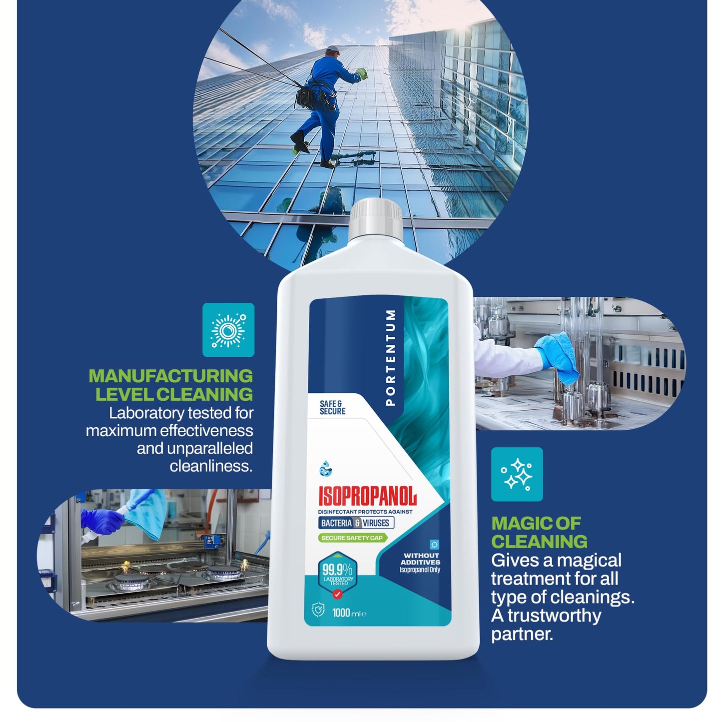 PORTENTUM Alcool isopropilico 1L | 99,9% Purezza | Isopropanolo per pulizia di componenti elettronici, lenti, schermi e delle resine stampa 3D | Detergente per vetri, sgrassatore