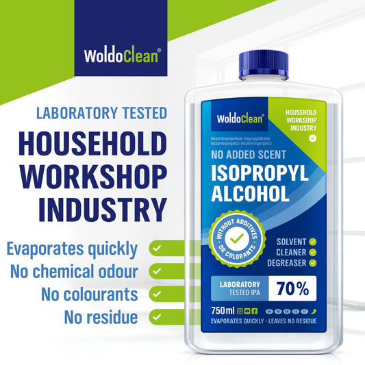 WoldoClean Alcool Isopropilico 70% Detergente IPA 750ml - Isopropanolo Solvente Sgrassante per Elettronica, Vetro, Ottica, Unghie e Meccanica, Evaporazione Rapida Senza Residui